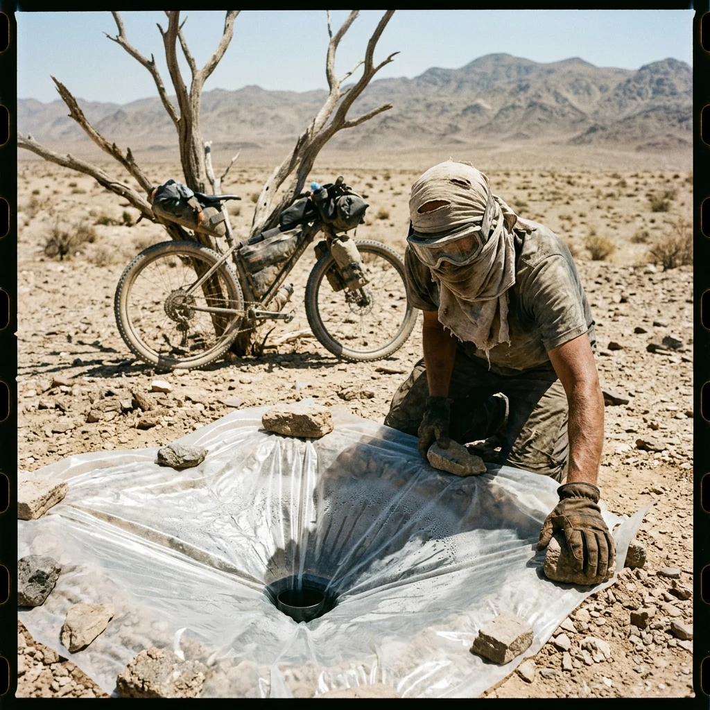 A sun-weary survivor in goggle eyewear and a head wrap
