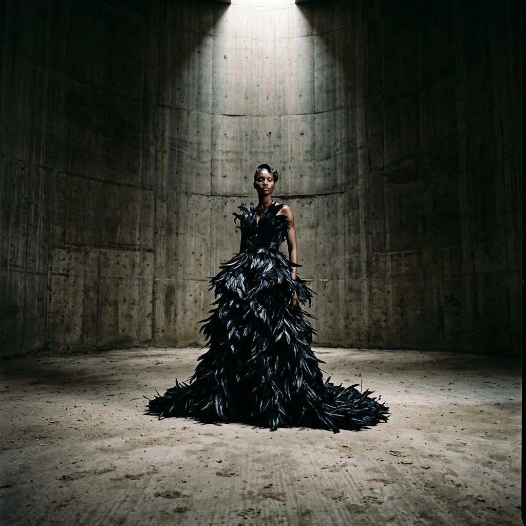 A dramatic high-fashion couture gown made of laser-cut black feathers