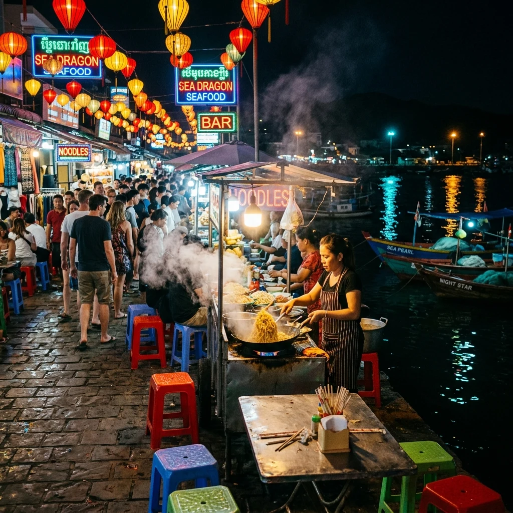 Vibrant night market by the harbor