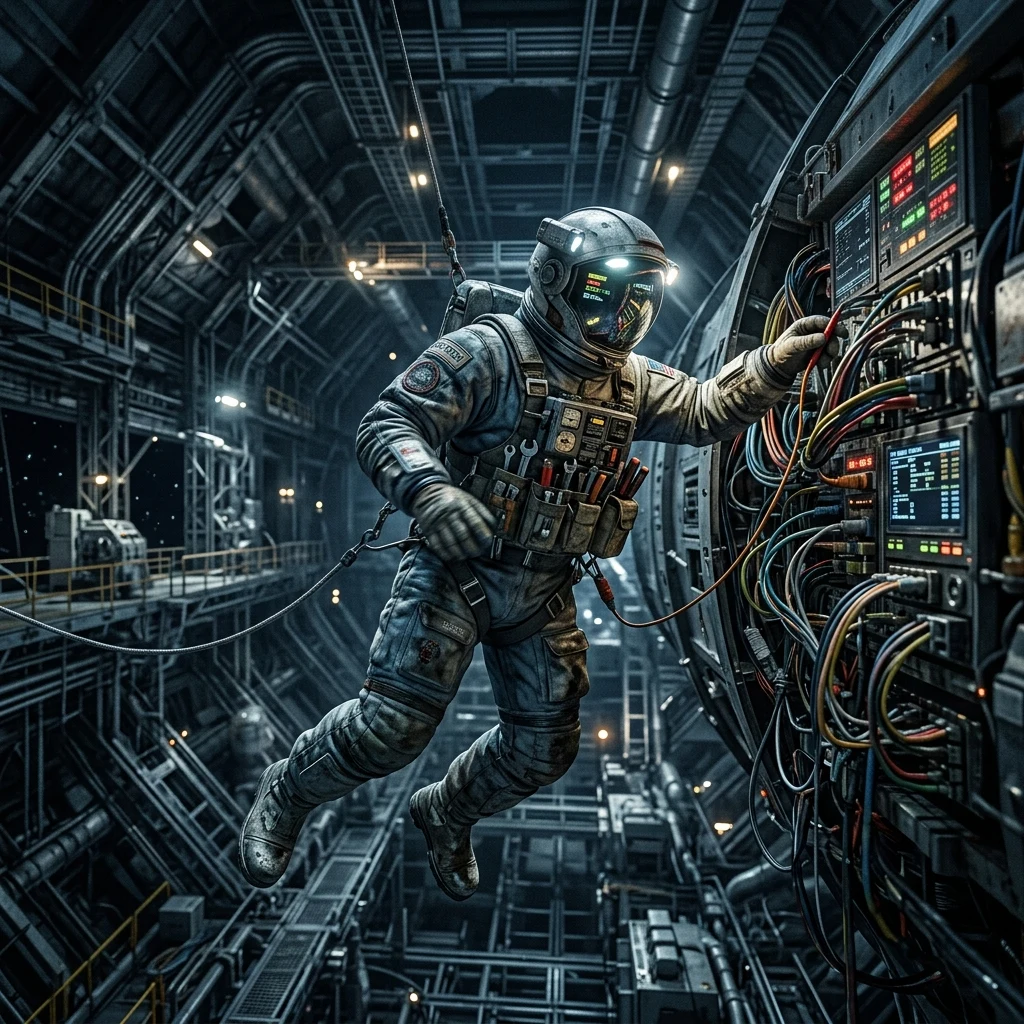 Mechanic working in a space station bay