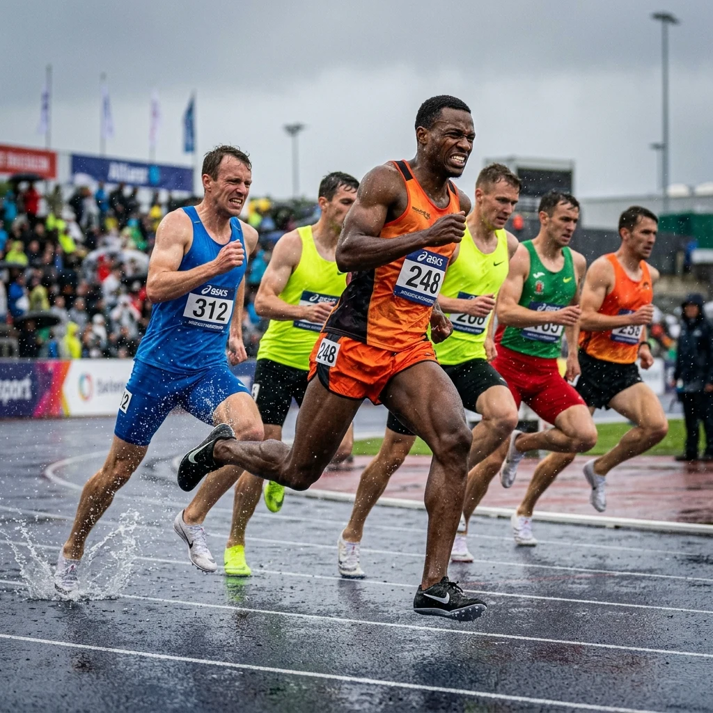 Track and field athletes mid-race on a rainy day