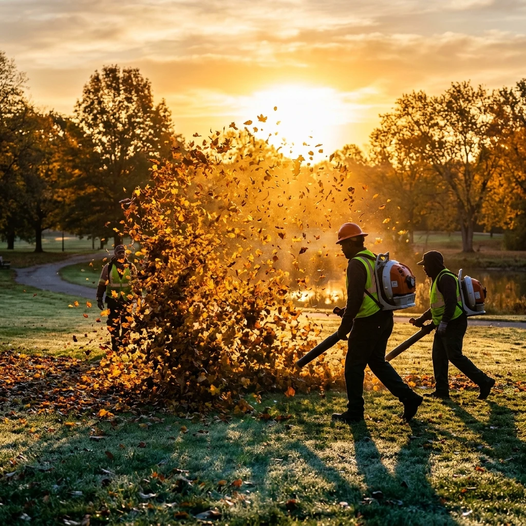 A parks crew clearing leaves at dawn