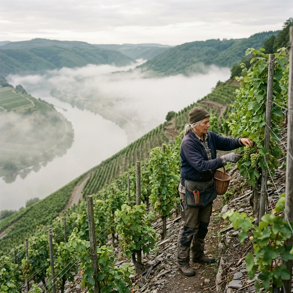 A vine grower inspecting grapes in a steep Mosel Valley vineyard