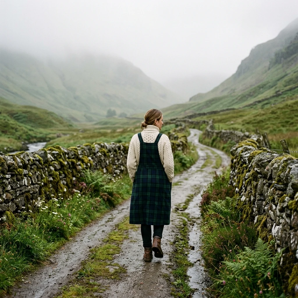 A heavy wool plaid apron pinafore dress layered over a thick cream cable-knit turtleneck…