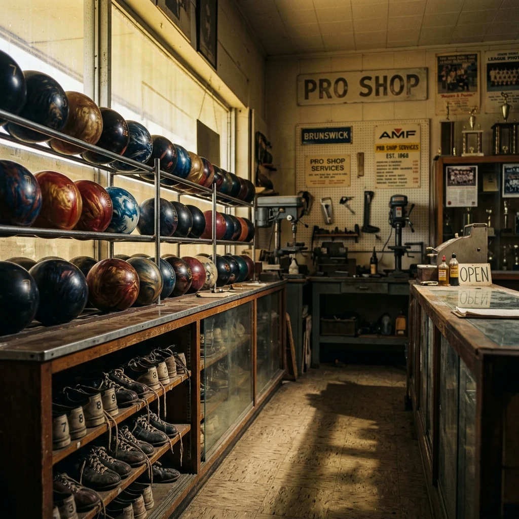 Polished bowling balls on shelves in a shop