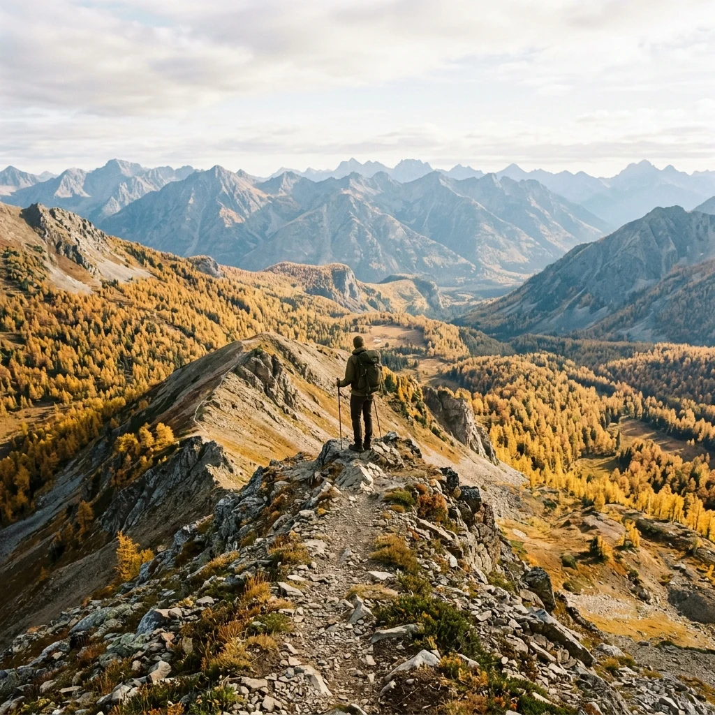 A hiker on a ridgeline in the gold of turning larch