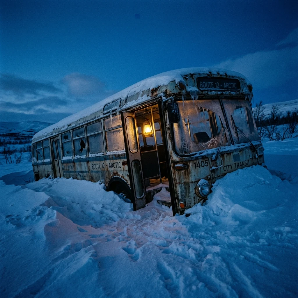 Abandoned bus glowing in a snowy landscape