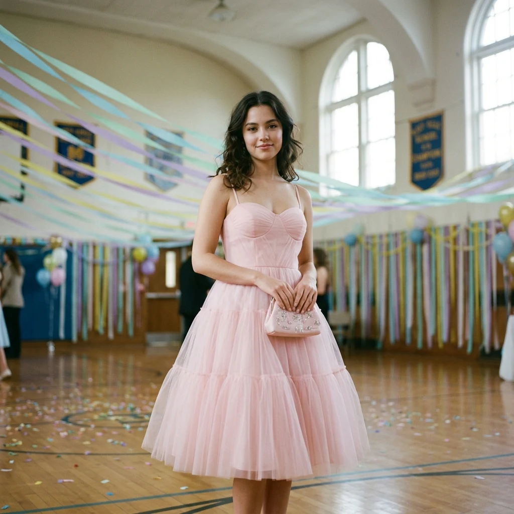 Person in a party dress in a gymnasium