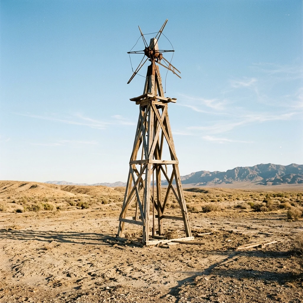 A decaying wooden wind pump with missing blades
