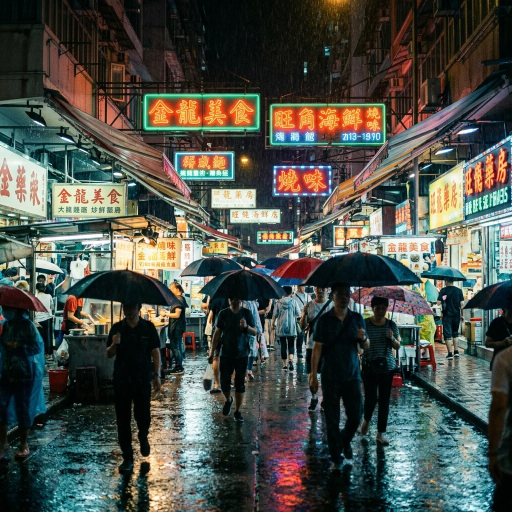 Rainy night at a busy market