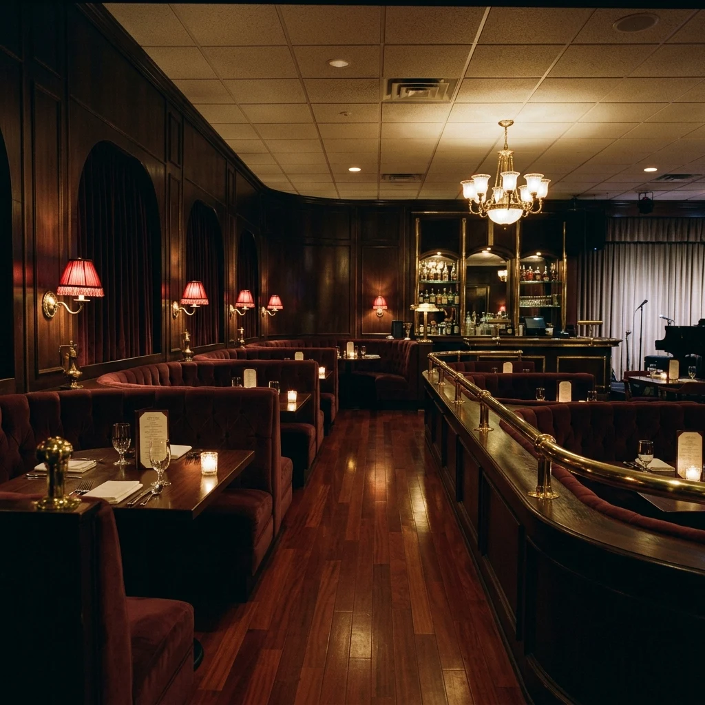 An empty mid-century supper club dining room