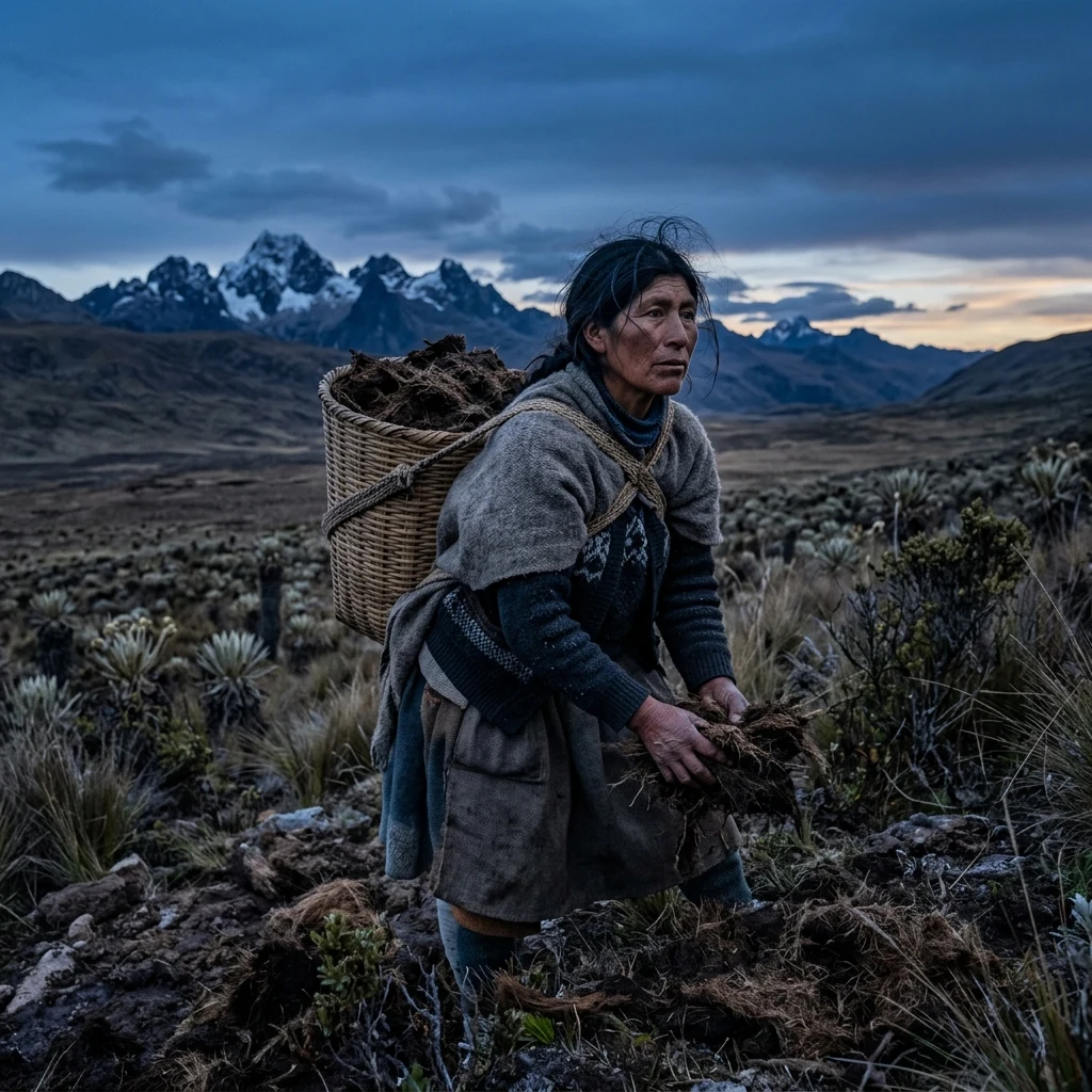 A woman gathering dried peat fuel on a windswept paramo at blue hour