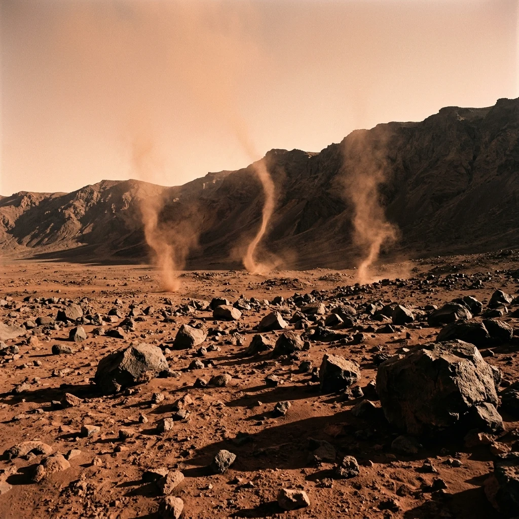 A landscape view from the floor of Phlegra Montes on Mars
