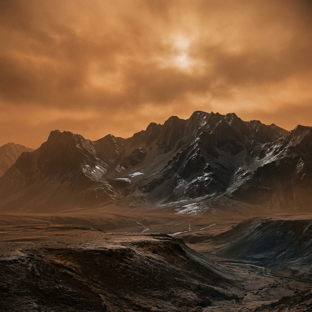 Frozen mountain peaks on a distant moon