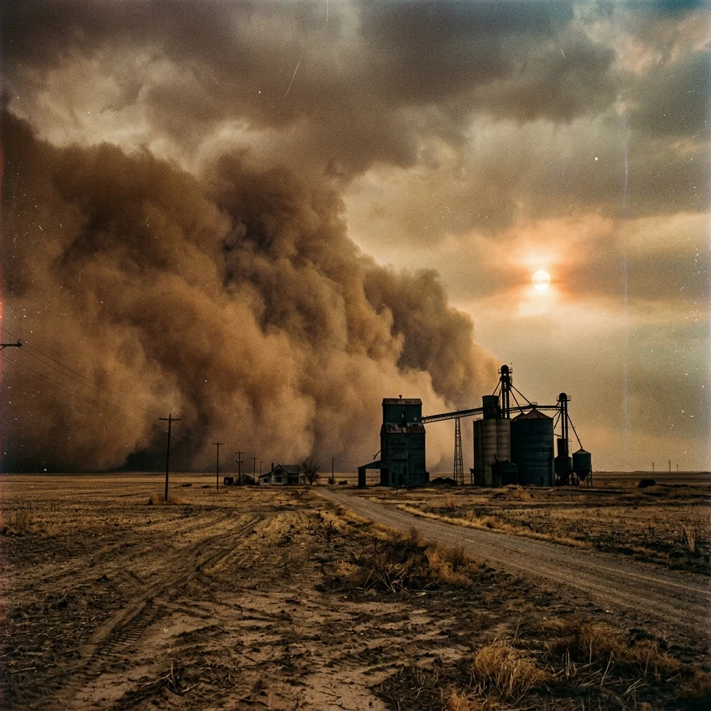Dust storm rolling over farmland