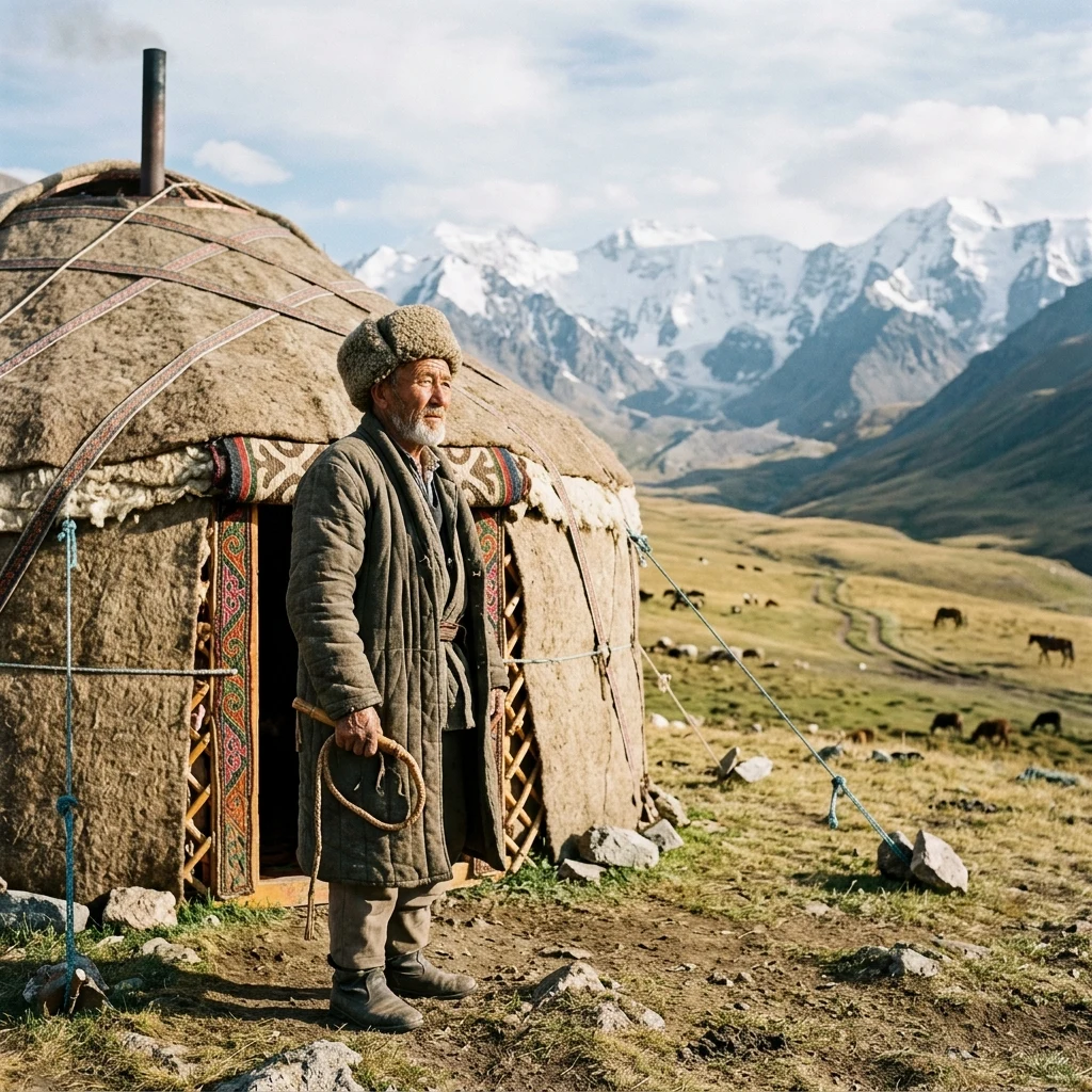 A Kyrgyz shepherd holding a wooden whip