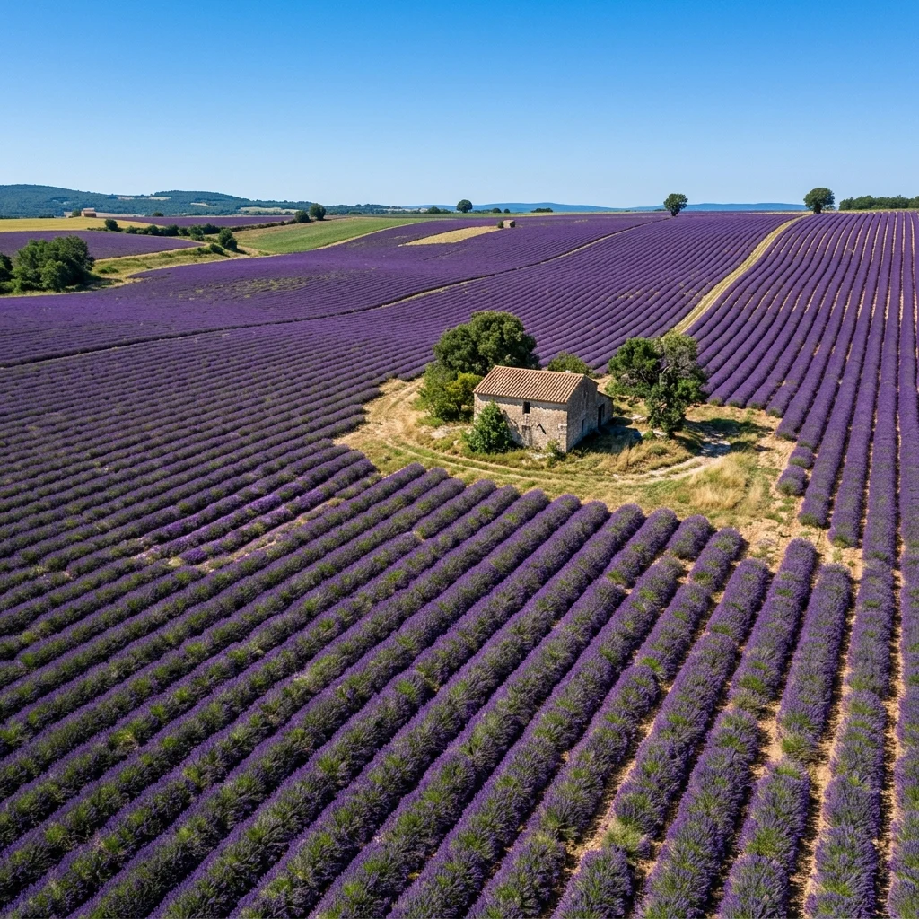 Lavender fields stretching toward a stone cottage