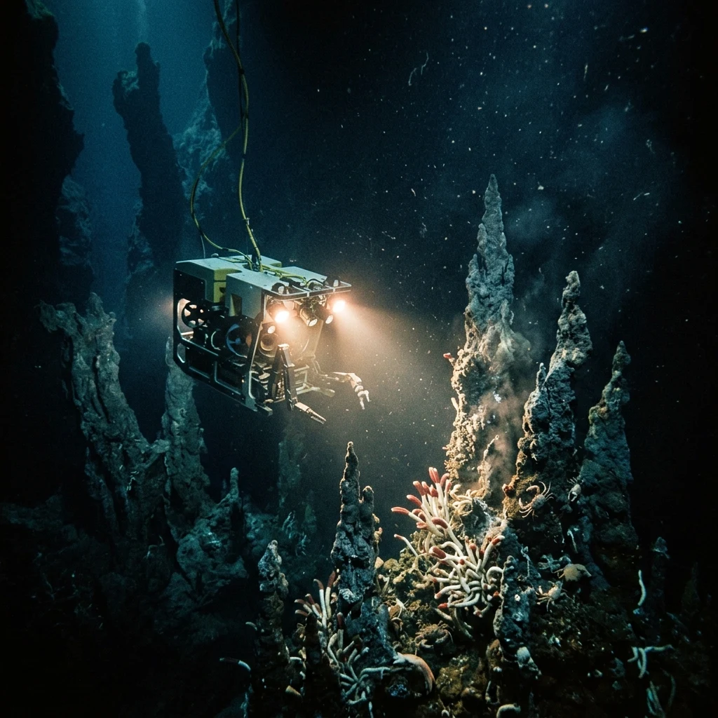 A deep-sea research ROV using halogen floodlights to illuminate a towering field of…