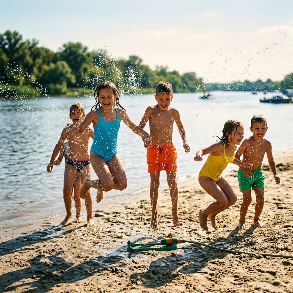 Children leaping through a beach sprinkler setup on a hot August day along the Mykolaiv…