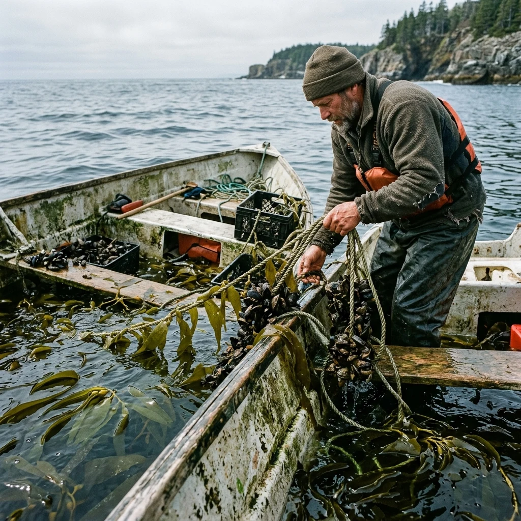 Harvesting mussels in a coastal kelp forest