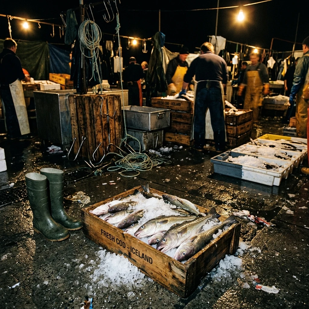 A pre-dawn fish market on wet harbor concrete