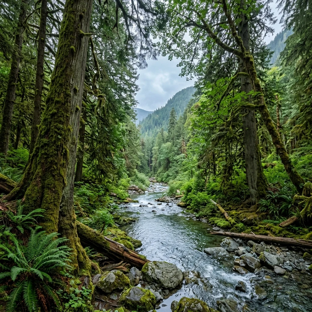River flowing through a mossy forest