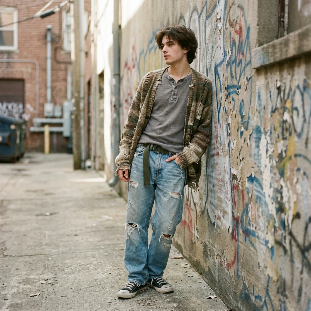 Casual layered outfit in urban alleyway