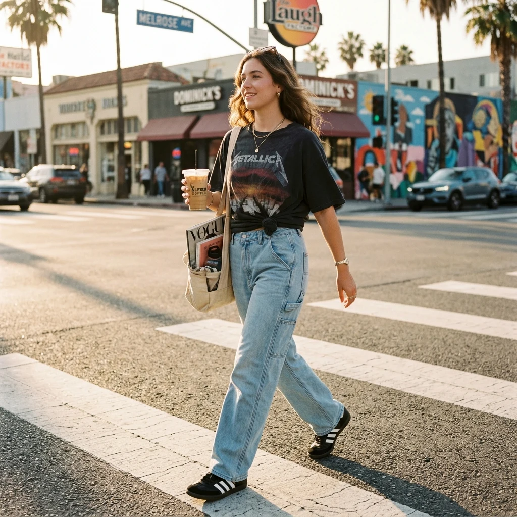 A woman in an oversized vintage tee knotted at the hip