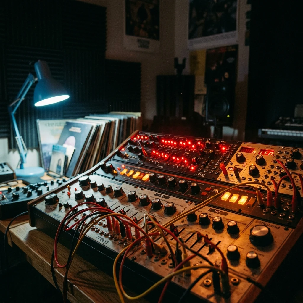 Glowing knobs on a music synthesizer