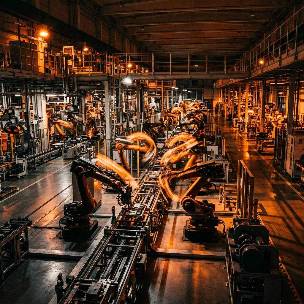 A fully automated factory floor with no humans present