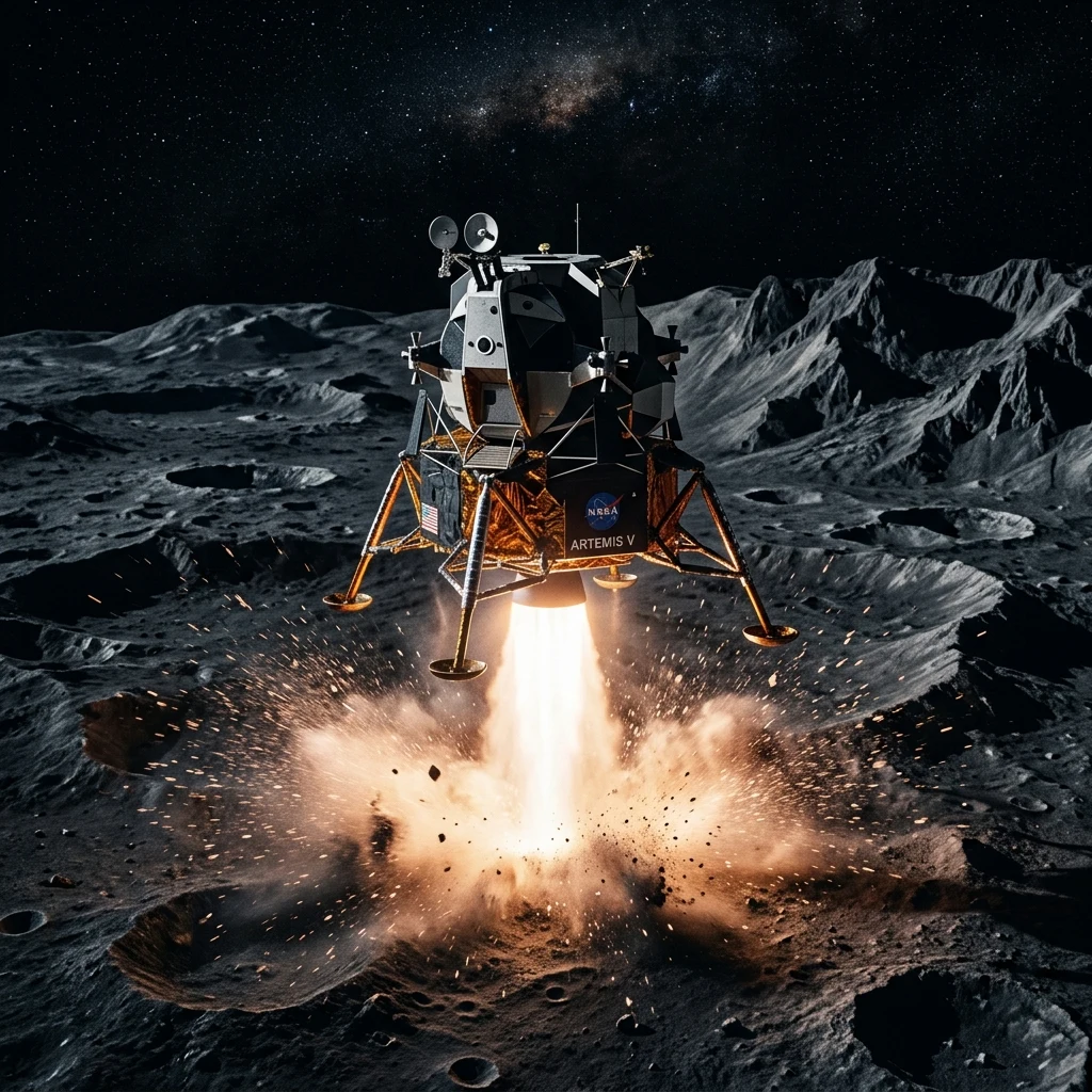 An orbital render of a lunar lander descending over the razor-sharp crags of Montes…