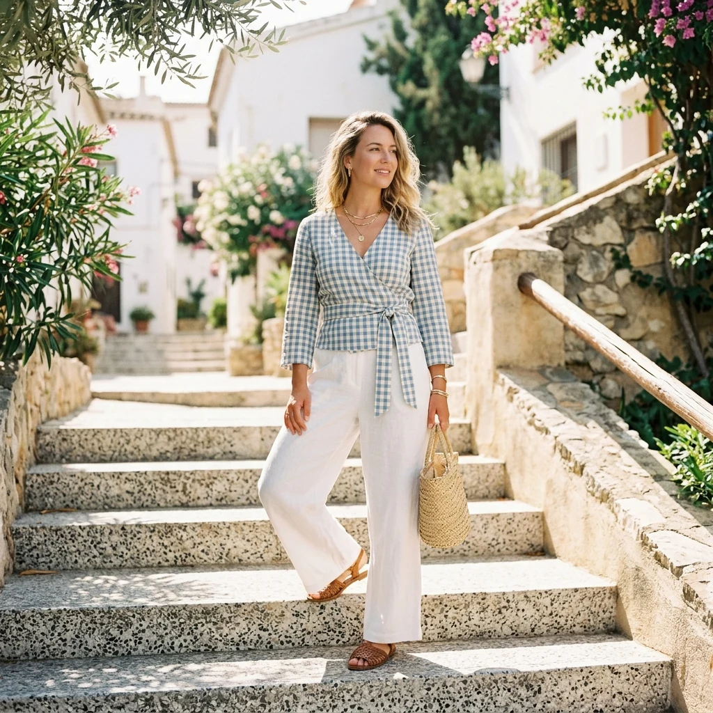 Summer fashion on a sunlit stone staircase