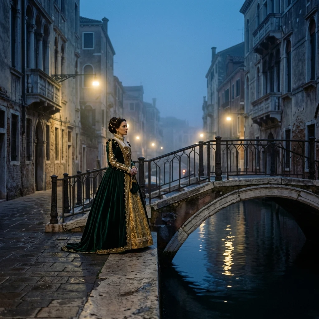 A model in an opulent brocade and velvet Elizabethan-inspired gown
