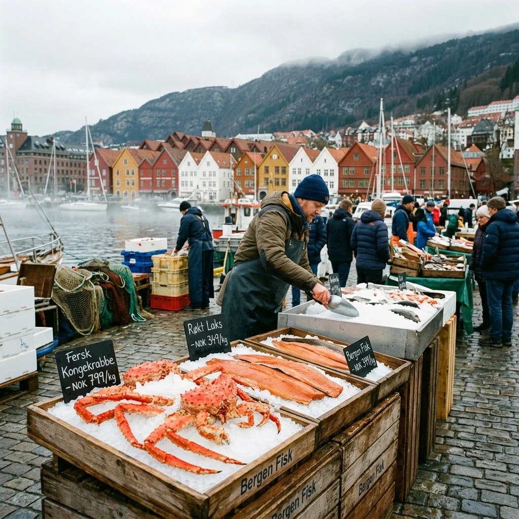 A bustling fish market in Bergen