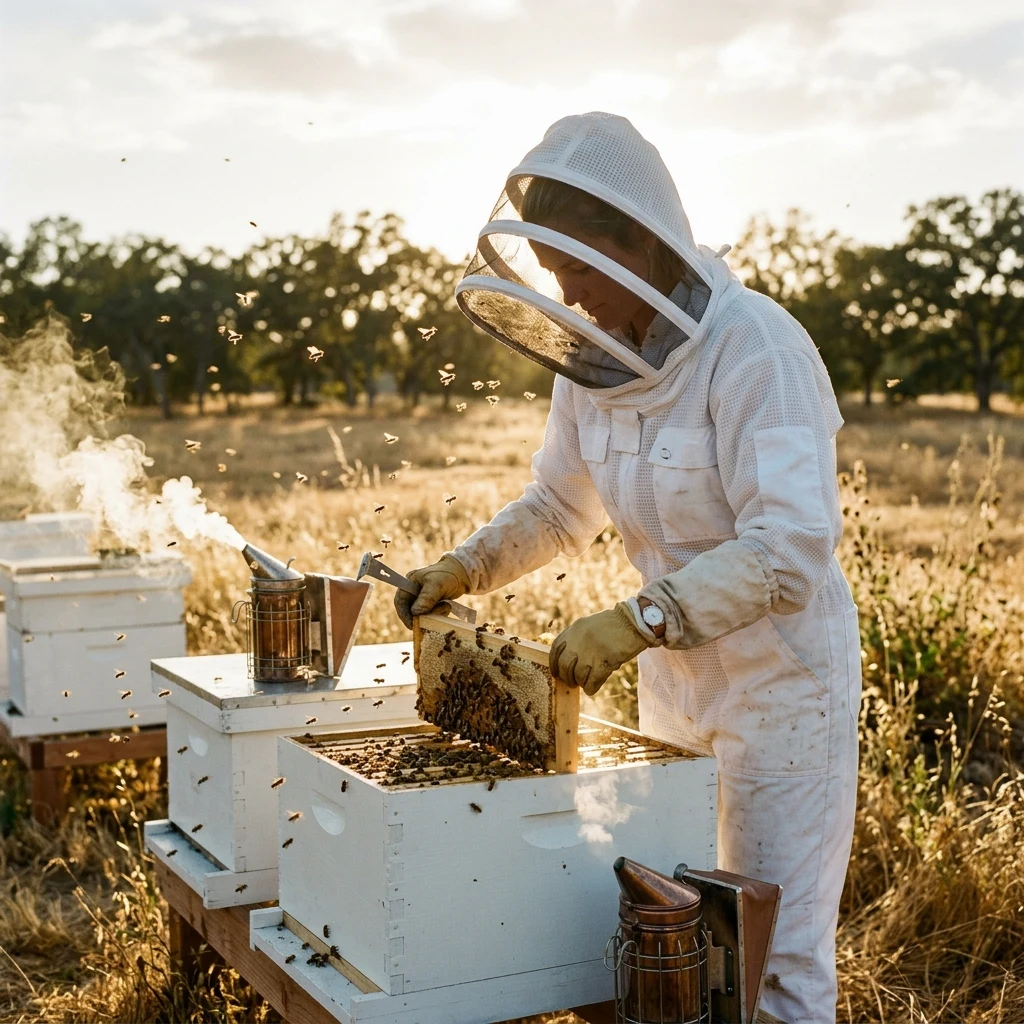 A beekeeper's apiary in late afternoon backlight