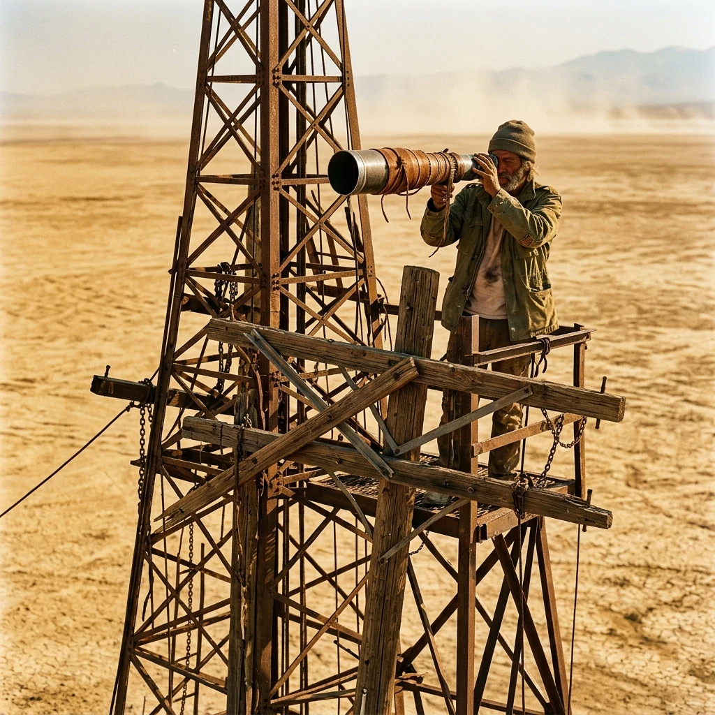A jagged lookout tower assembled from oil derricks and steel telephone poles
