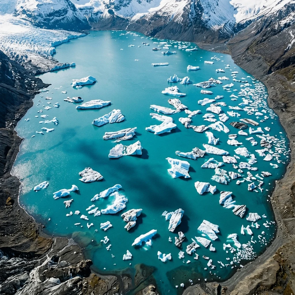 An aerial photograph looking straight down into a deep turquoise glacial lake in the…