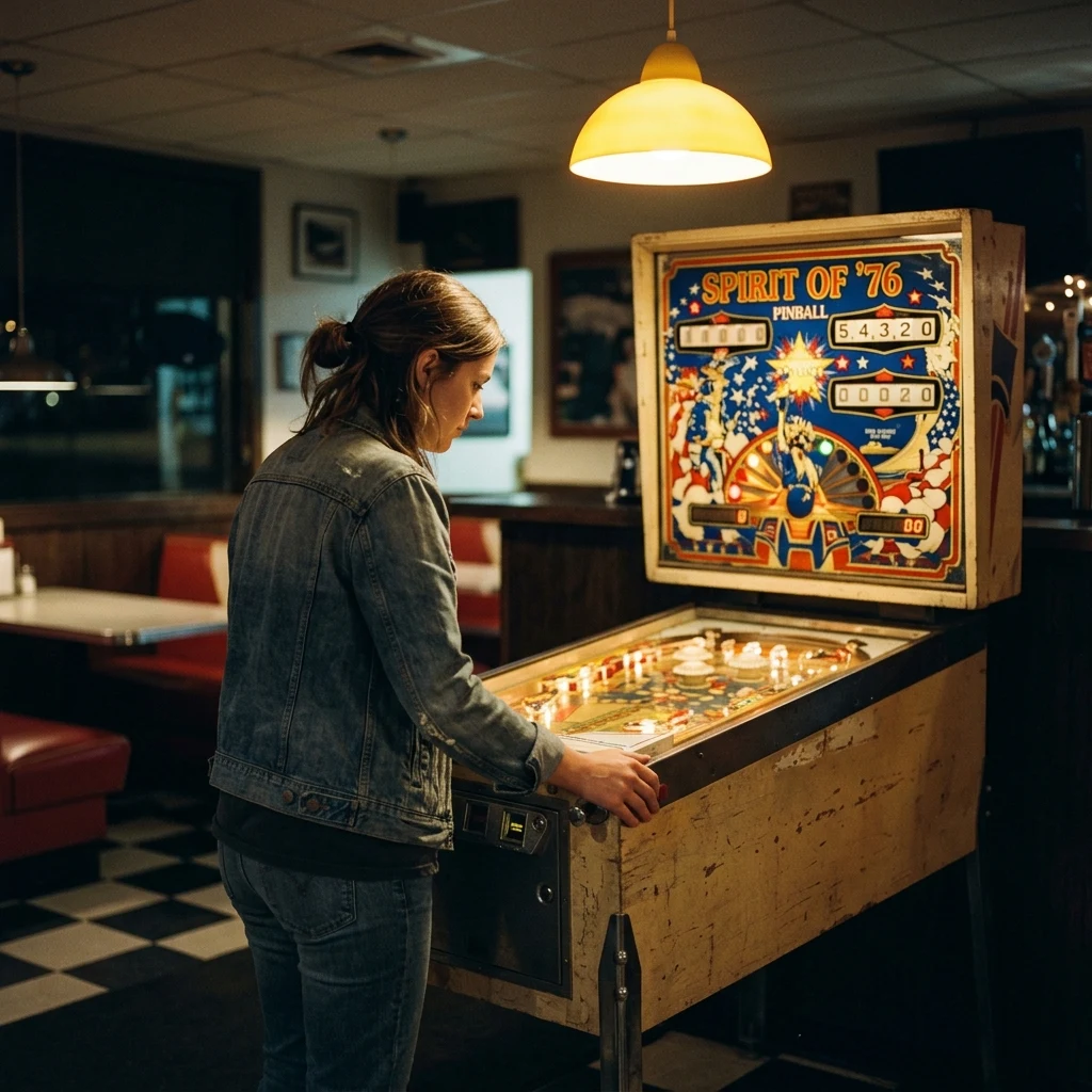 A solitary pinball wizard playing a classic 1970s electromechanical machine in an empty…