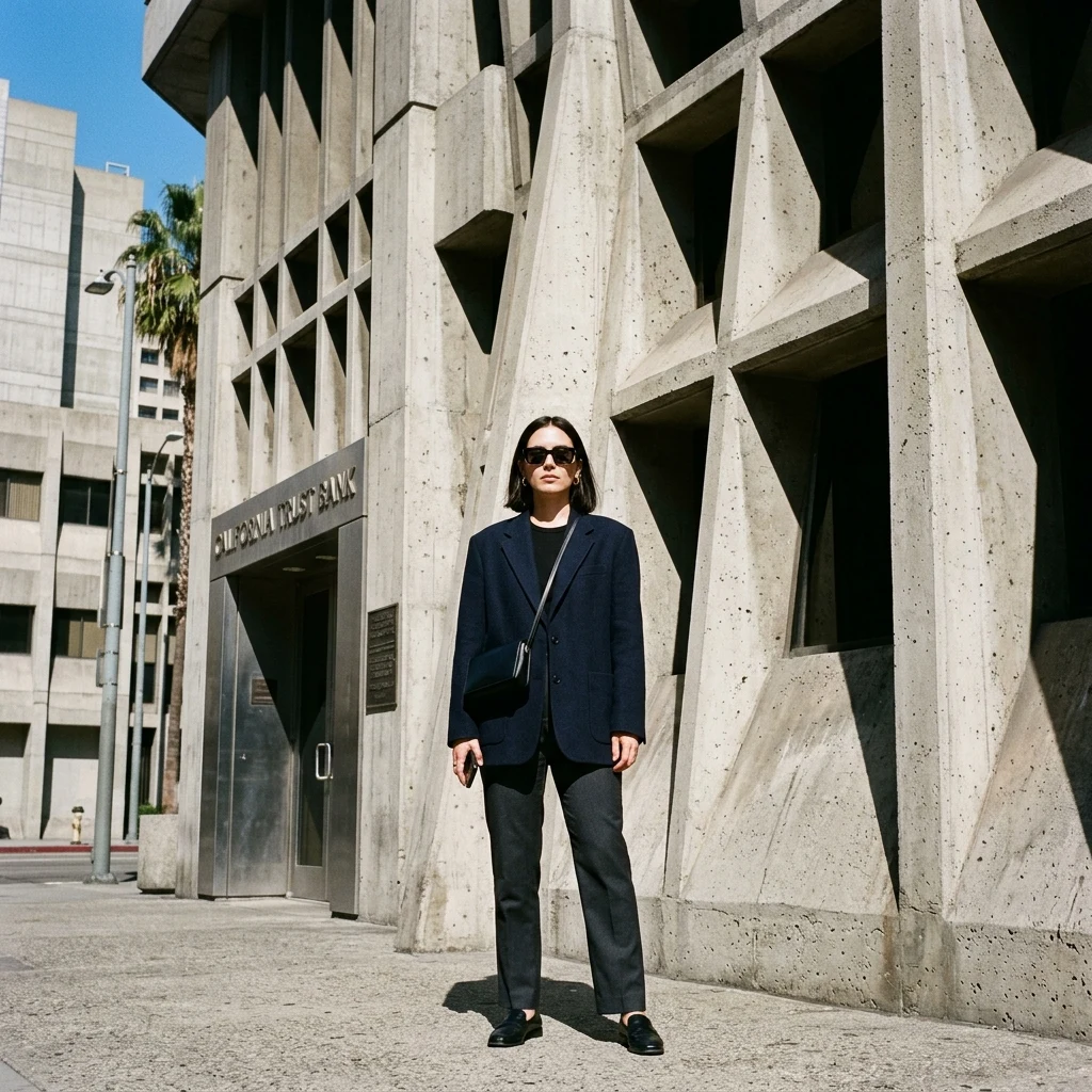 Person standing by a concrete city building