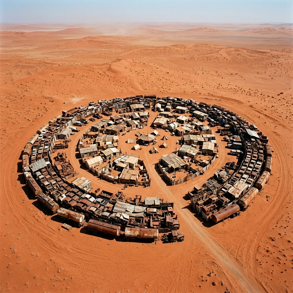 An aerial view of a circular desert settlement walled off by welded car chassis and…