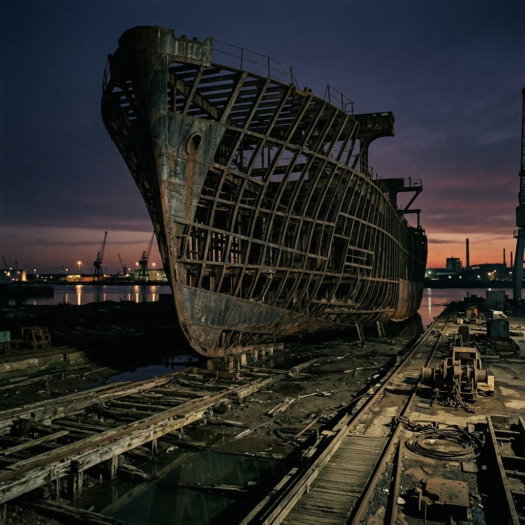 A silent industrial shipyard with a half-built freighter hull rusting on wooden slipways