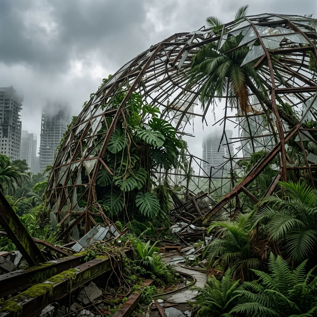 Tropical plants growing through a broken dome