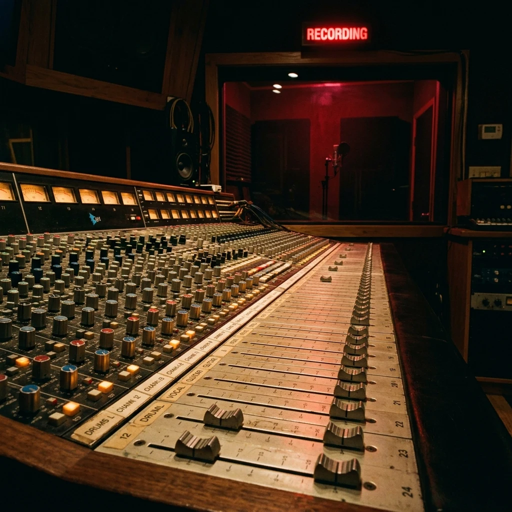 A recording studio control room photographed on 35mm