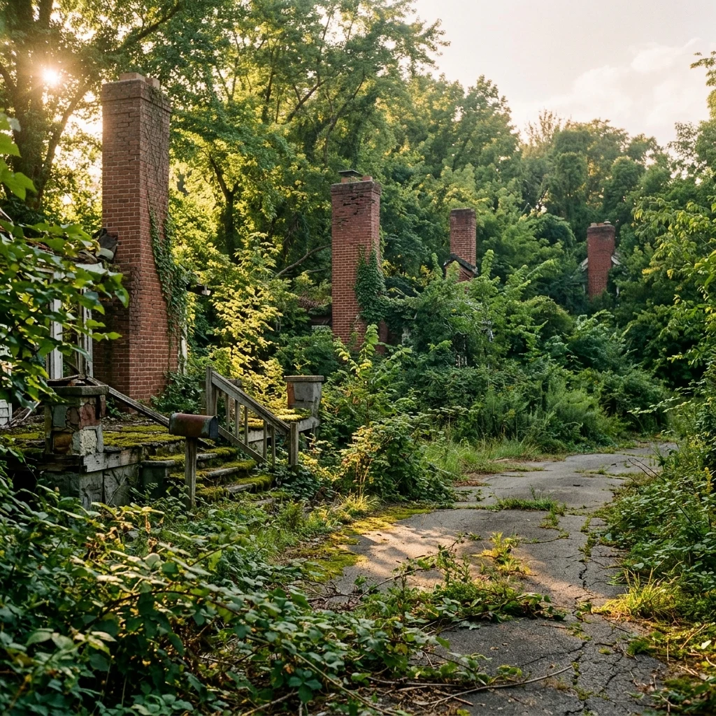 An overgrown residential neighborhood where wild fruit orchards have replaced suburban…
