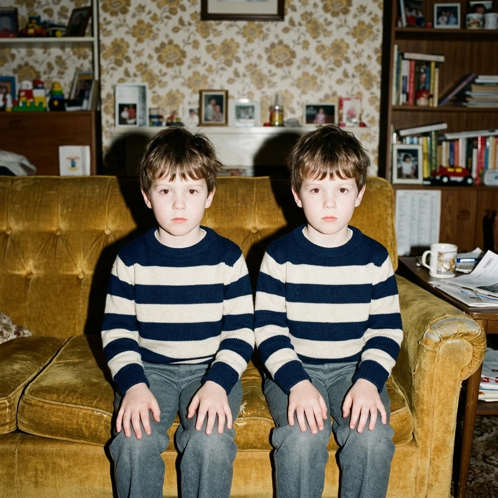 Twin siblings on a vintage couch