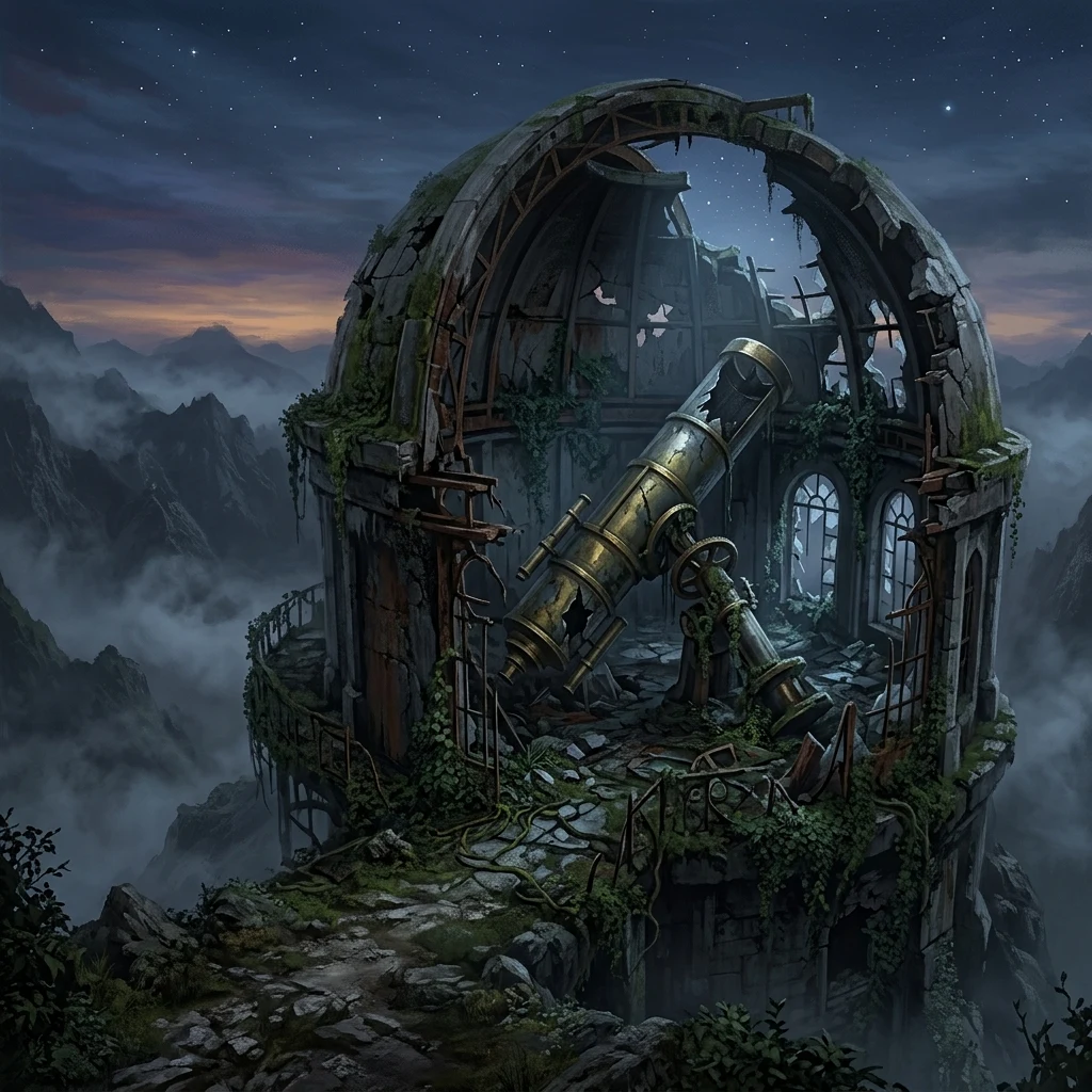 Abandoned observatory on a misty mountain peak