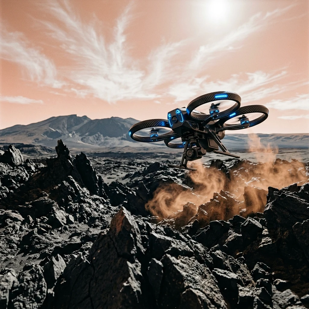 A low-angle view of an automated Martian weather drone soaring over the dusty basalt…