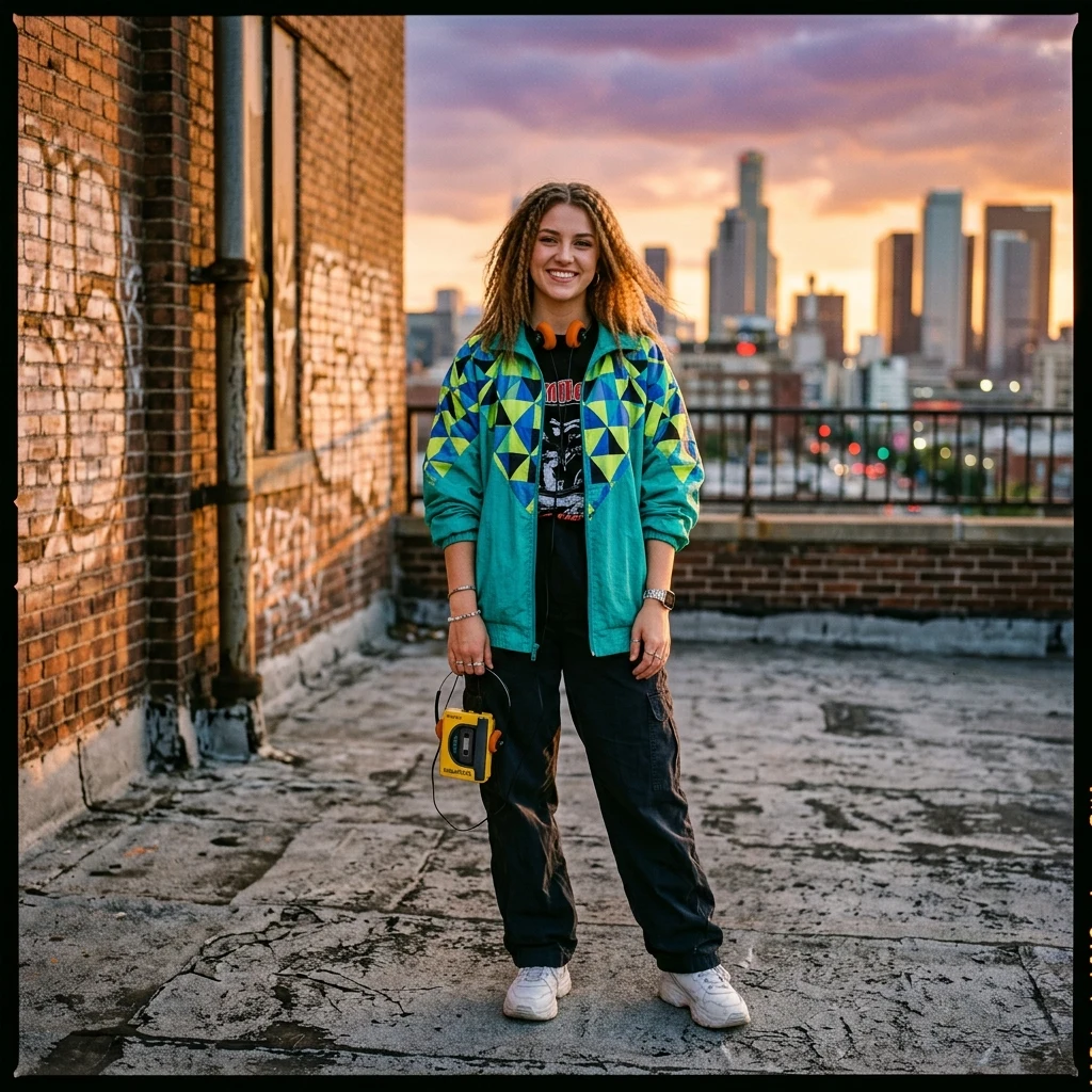 A teenage girl with crimped hair wearing a bold geometric-patterned windbreaker