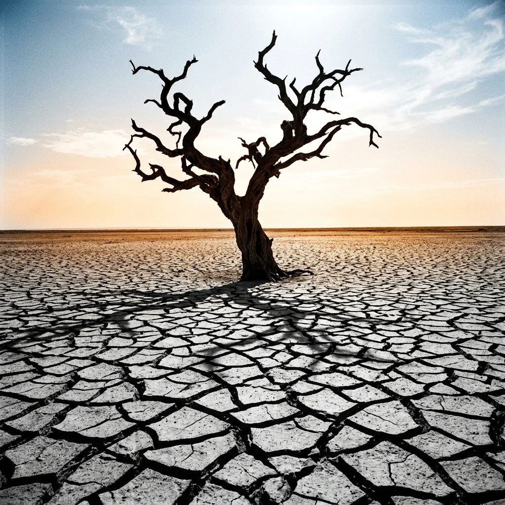 A solitary gnarled acacia tree standing in a dry riverbed