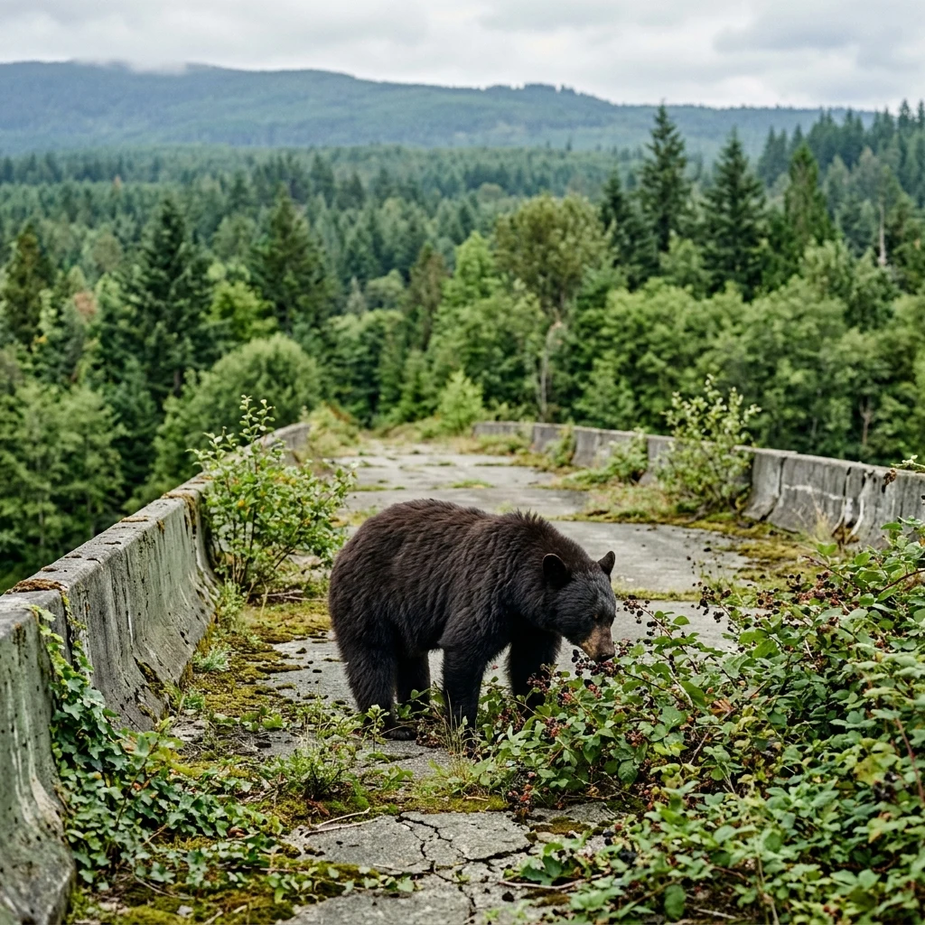 Black bear foraging on an abandoned overpass